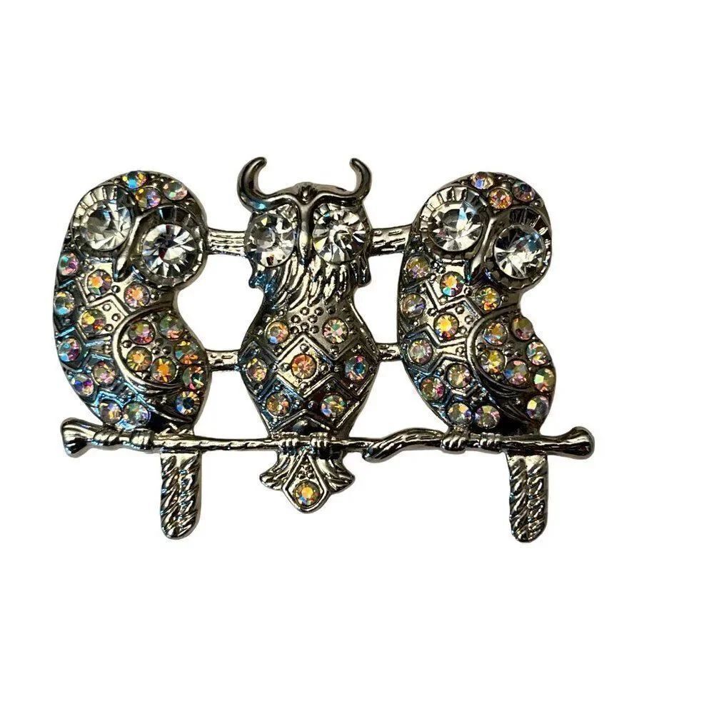Silver Horned Owl on Branch Brooch Trio of Owls Crystals Rhinestone Eyes Costume